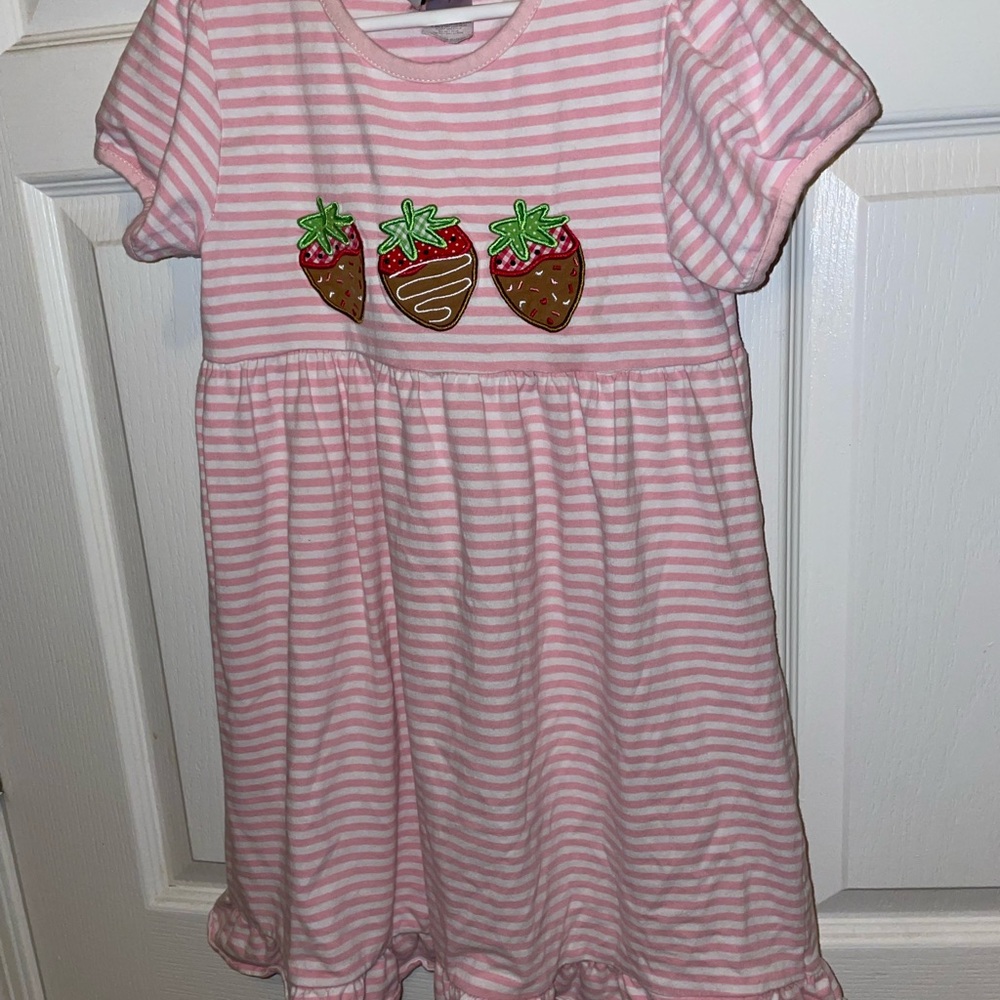 SweetHoney Pink Striped Dress with Strawberry Design